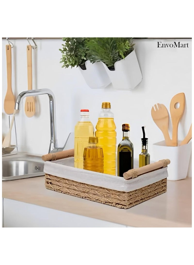 EnvoMart Pack of 2 Rectangle Woven Storage Baskets with Washable Liner - Paper Rope Straw Rattan Baskets for Home Organization, Cosmetics, and More - Features Handles for Easy Carrying - Image 5
