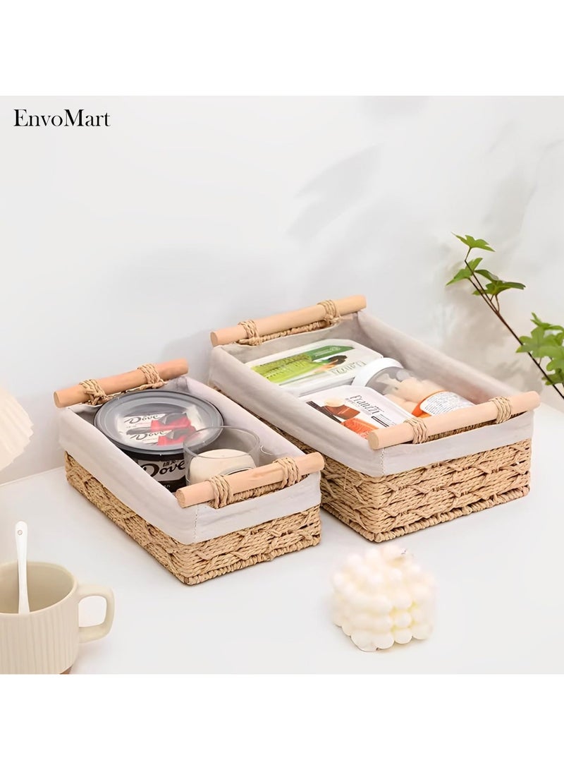 EnvoMart Pack of 2 Rectangle Woven Storage Baskets with Washable Liner - Paper Rope Straw Rattan Baskets for Home Organization, Cosmetics, and More - Features Handles for Easy Carrying - Image 4