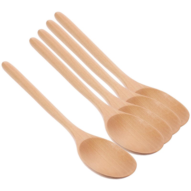 5Pcs Long Handle Wooden Soup Spoons Set Natural Wood Stirring Tasting Spoons Kitchen Dining - Image 2