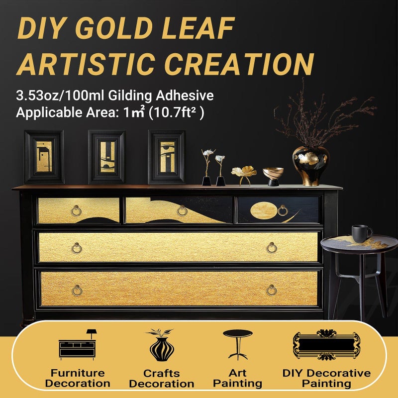 Tufinein Gilding Adhesive Set, TUFINEIN 3.53oz/100ml Water Based Adhesive and Varnish, Gold Leaf and Champagne Gold Foil Gilding Kit, Furniture & Crafts Decoration, Art Painting, DIY Decorative Painting - Image 2