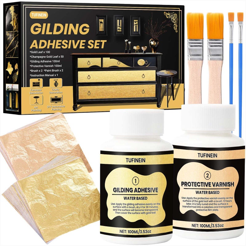 Tufinein Gilding Adhesive Set, TUFINEIN 3.53oz/100ml Water Based Adhesive and Varnish, Gold Leaf and Champagne Gold Foil Gilding Kit, Furniture & Crafts Decoration, Art Painting, DIY Decorative Painting - Image 1