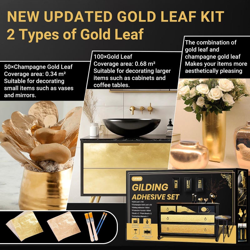 Tufinein Gilding Adhesive Set, TUFINEIN 3.53oz/100ml Water Based Adhesive and Varnish, Gold Leaf and Champagne Gold Foil Gilding Kit, Furniture & Crafts Decoration, Art Painting, DIY Decorative Painting - Image 3