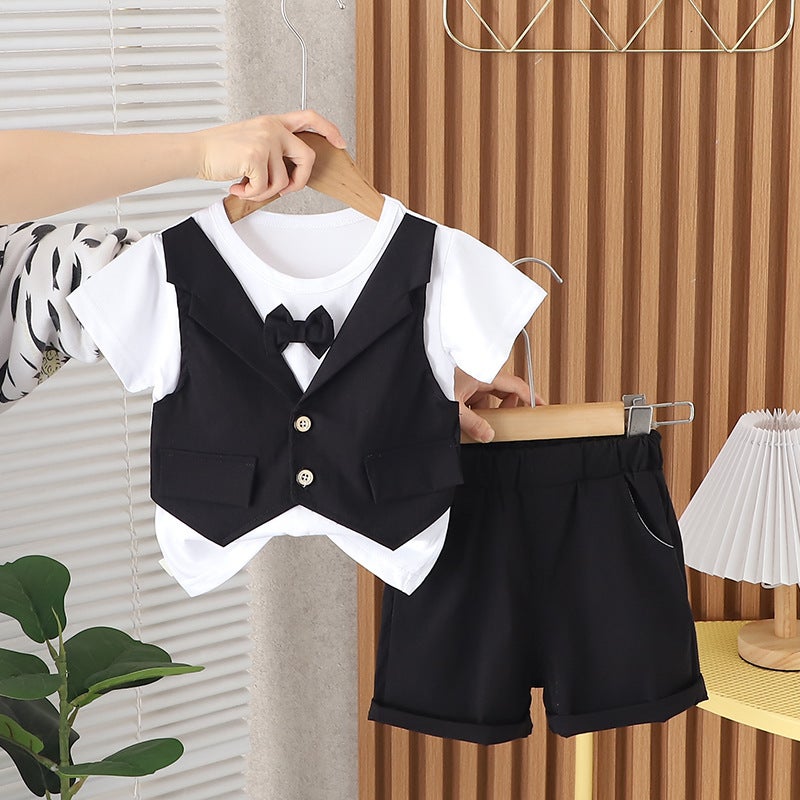 Summer New Fashion Baby Vest Bow Ties Fake Three-piece Suit Trendy Boys Casual Summer Suit Black