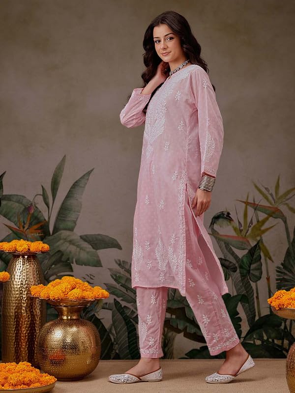 Ada Women Cotton Printed Hand Embroidered Lucknowi Chikankari Pink Kurta with Pant Co-Ord Set A811299 (XL) - Image 4