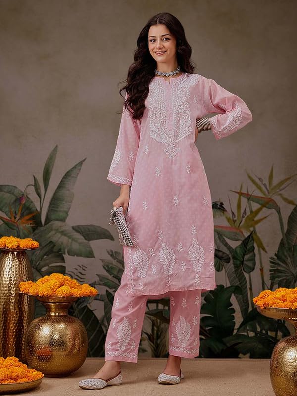 Ada Women Cotton Printed Hand Embroidered Lucknowi Chikankari Pink Kurta with Pant Co-Ord Set A811299 (XL) - Image 5