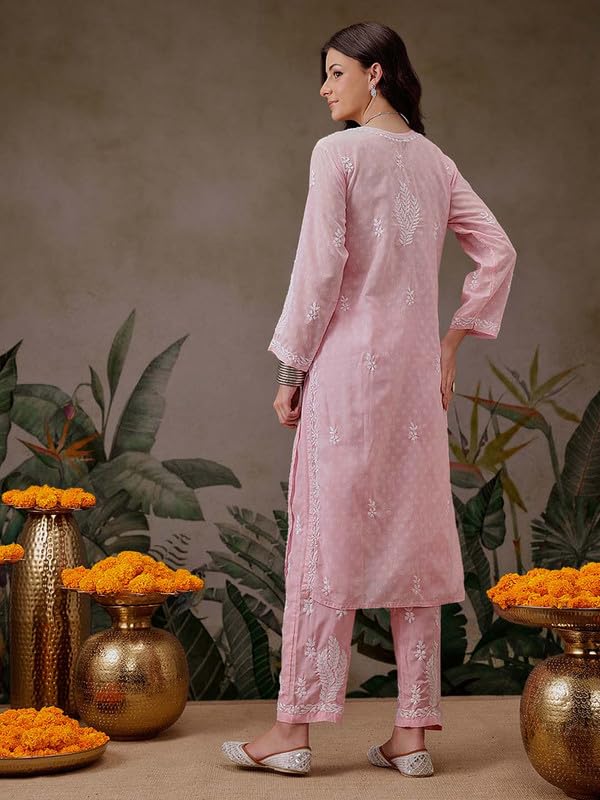 Ada Women Cotton Printed Hand Embroidered Lucknowi Chikankari Pink Kurta with Pant Co-Ord Set A811299 (XL) - Image 2