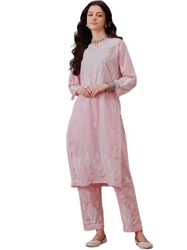 Ada Women Cotton Printed Hand Embroidered Lucknowi Chikankari Pink Kurta with Pant Co-Ord Set A811299 (XL) - Image 1