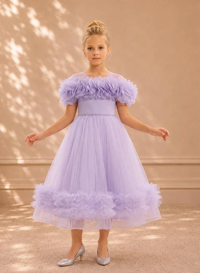 فيا بامبينو Lavender Ruffled Floral Tulle Dress 3417