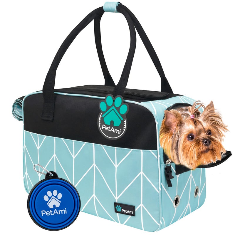 PetAmi Dog Purse Carrier for Small Dogs Airline Approved Soft Sided Pet Carrier with Pockets Ventilated Dog Carrying Bag for Puppy Cat Dog Travel Supplies Bag Sherpa Bed Max 12 lbs Chevron Teal