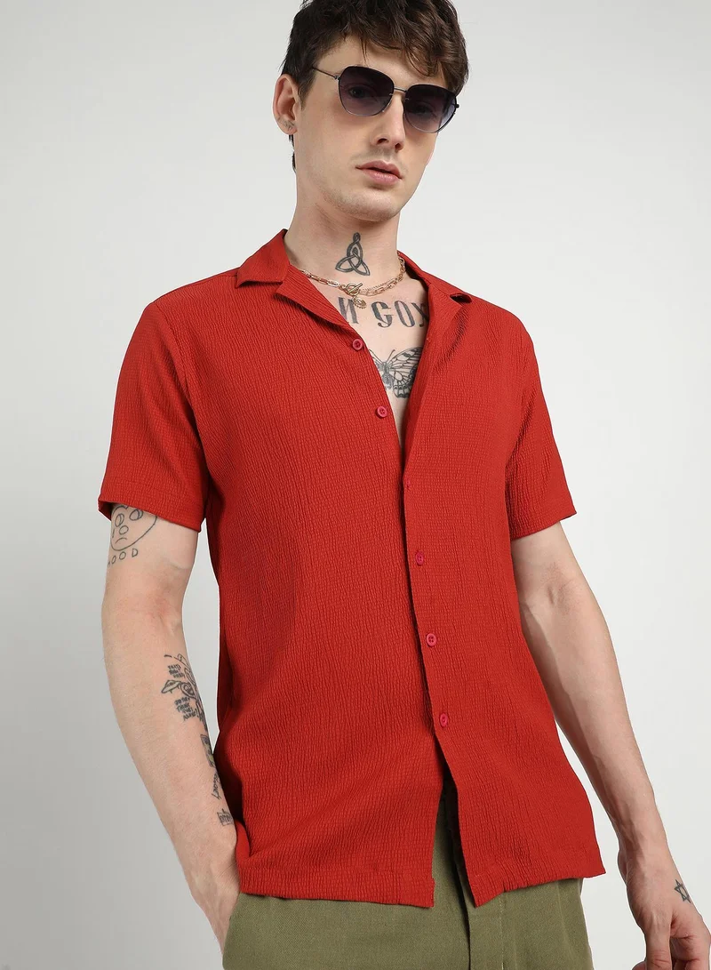 Campus Sutra Men's Scarlet Red Creased Shirt