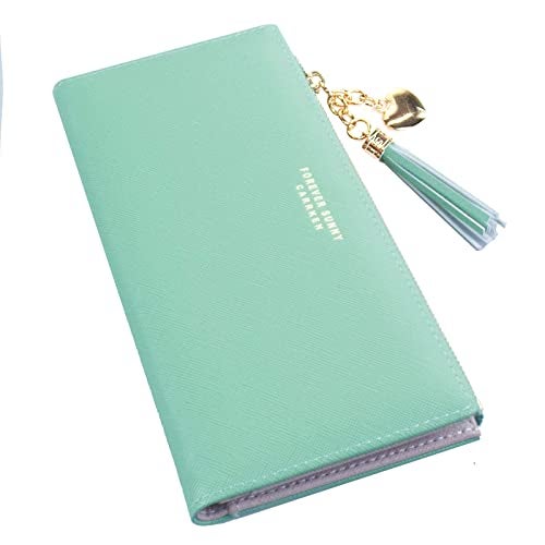 SUMGOGO Wallets for Women Slim Clutch Purse Handbag Card Holder Womens Long Tassel Zipper Pocket Fashion Taiga Leather Billfold Wallet (Green) - Image 5
