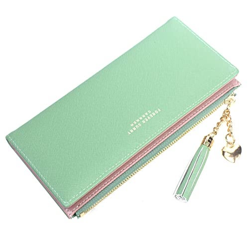 SUMGOGO Wallets for Women Slim Clutch Purse Handbag Card Holder Womens Long Tassel Zipper Pocket Fashion Taiga Leather Billfold Wallet (Green) - Image 2