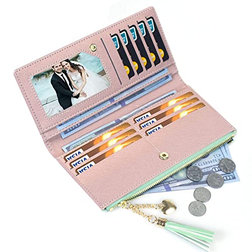 SUMGOGO Wallets for Women Slim Clutch Purse Handbag Card Holder Womens Long Tassel Zipper Pocket Fashion Taiga Leather Billfold Wallet (Green) - Image 4