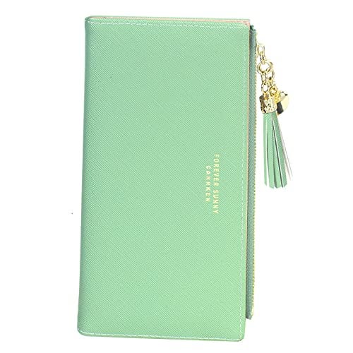 SUMGOGO Wallets for Women Slim Clutch Purse Handbag Card Holder Womens Long Tassel Zipper Pocket Fashion Taiga Leather Billfold Wallet (Green) - Image 1