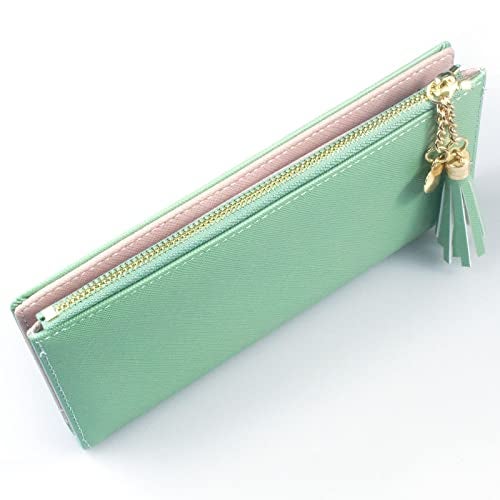 SUMGOGO Wallets for Women Slim Clutch Purse Handbag Card Holder Womens Long Tassel Zipper Pocket Fashion Taiga Leather Billfold Wallet (Green) - Image 3