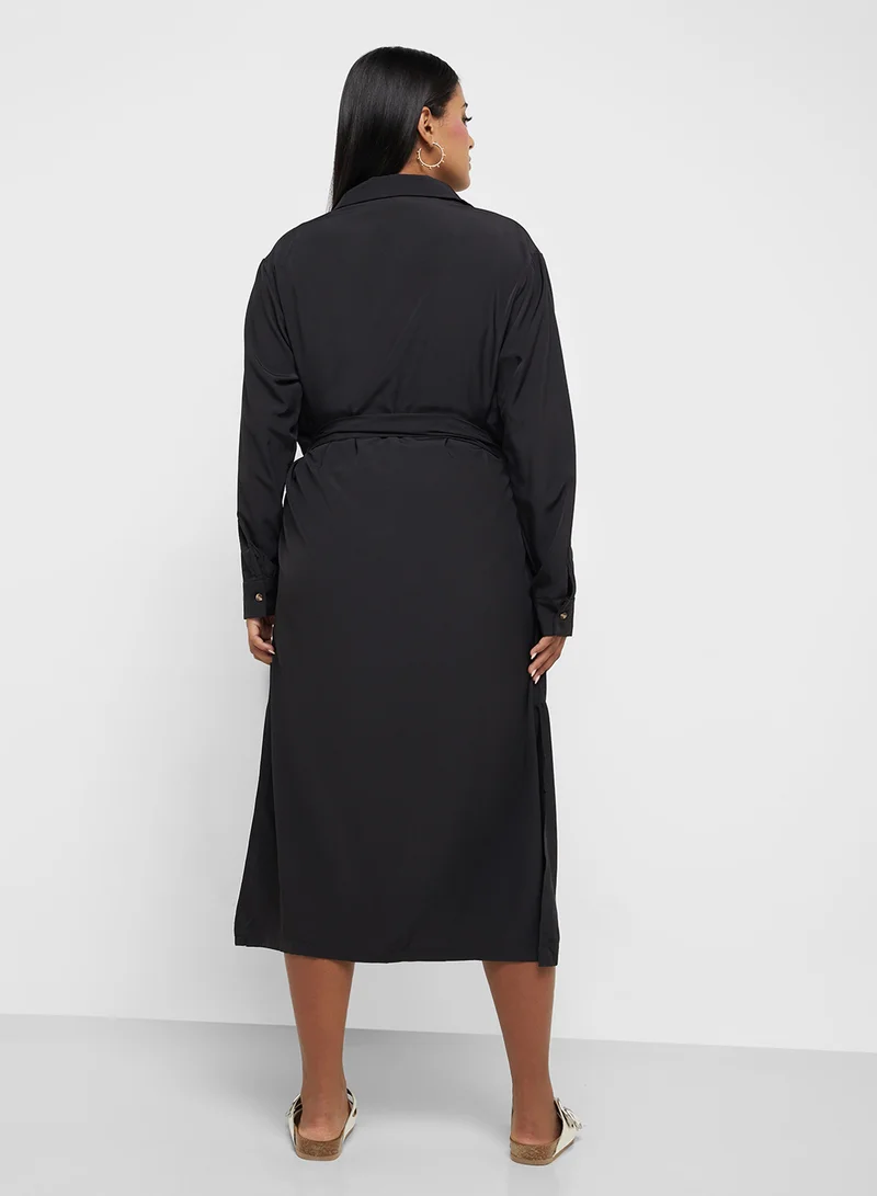 Ginger Plus Button Down A Line Shirt Dress With Belt