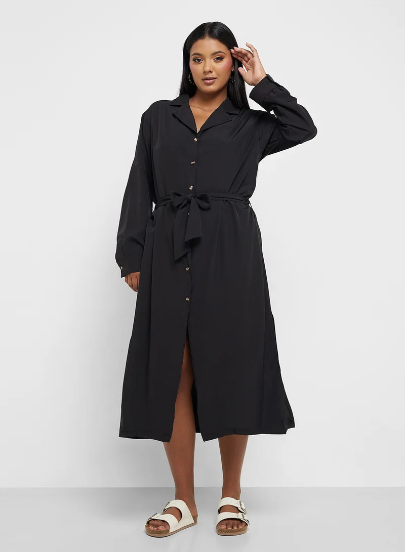 Ginger Plus Button Down A Line Shirt Dress With Belt