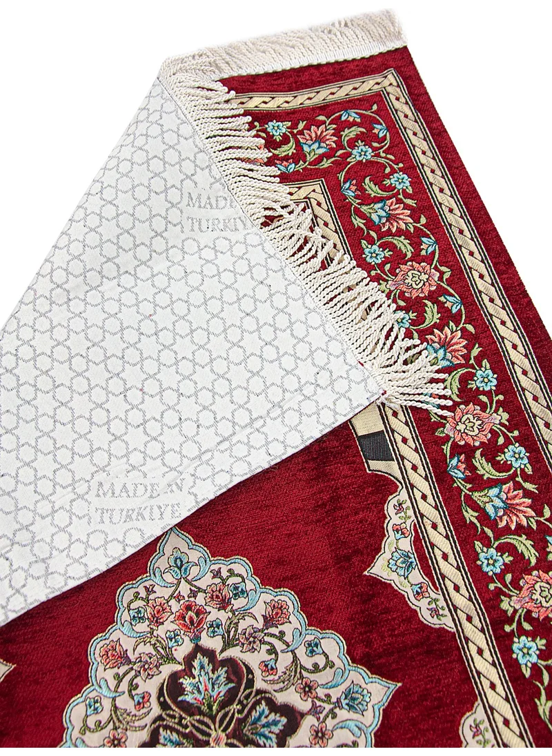 İhvan Online Claret Red Flower Motifed Mihrab Lined Chenille Prayer Rug
