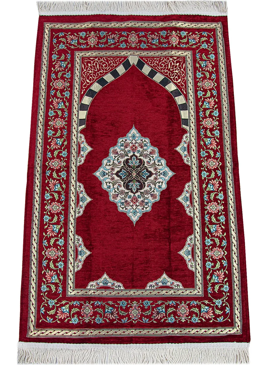 İhvan Online Claret Red Flower Motifed Mihrab Lined Chenille Prayer Rug