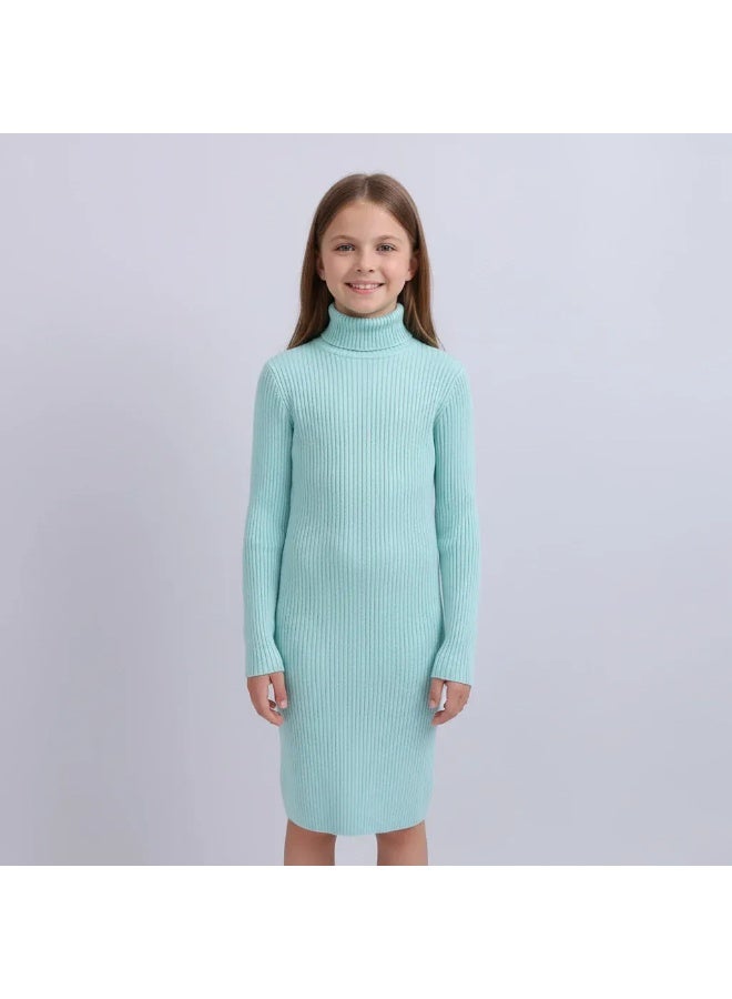 فستان سويت شيرت بياقة مدورة مضلعة للبنات، مصنوع من مادة محبوكة ناعمة، مناسب لوزن من 20 إلى 50 كجم