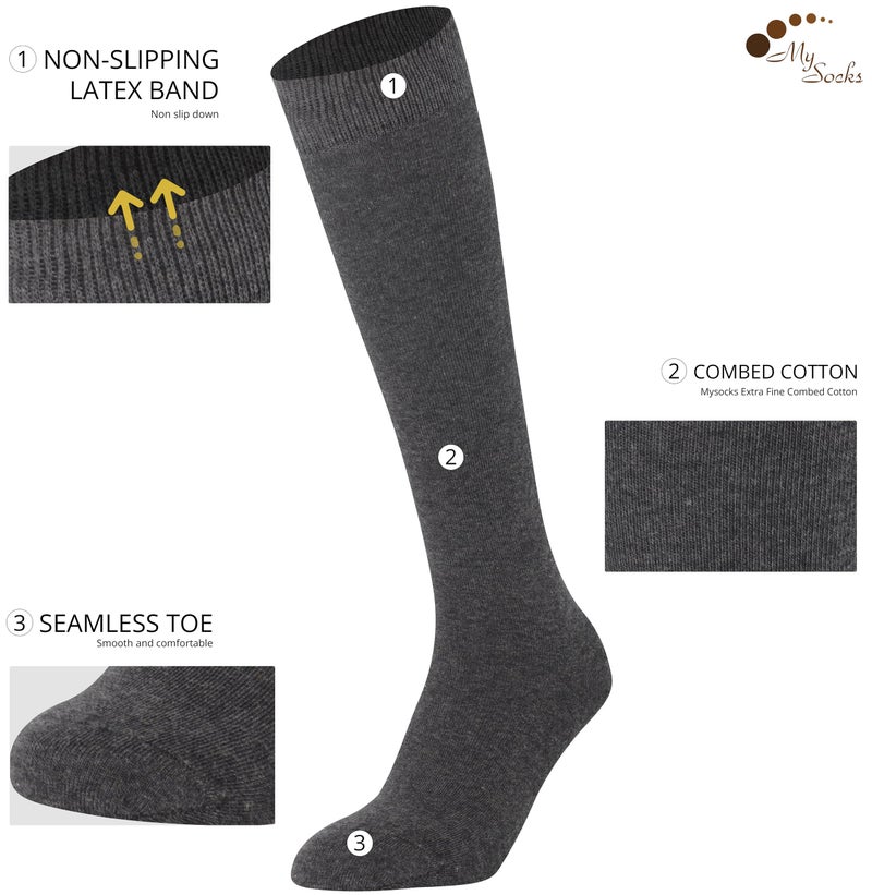 Mysocks جوارب ميسوك عالية الركبة للنساء والرجال من القطن الممشط بدون كعب طويل رمادي، 8-11 - Image 2
