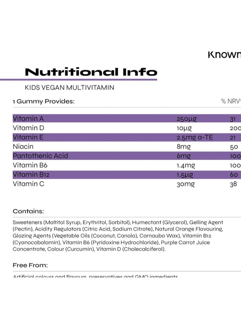 Known Kids Multivitamin Vegan Gummies Sugar Free–Immune Support with Vitamin C, B6 & B12 30 Gummies - Image 3