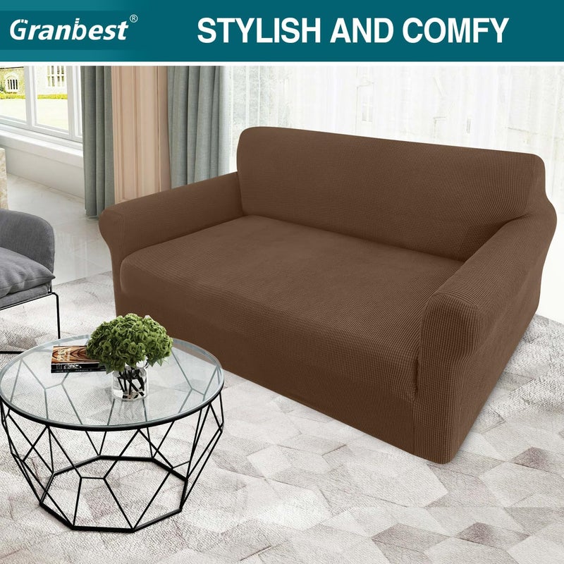 Granbest High Stretch Sofa Covers Universal Super Soft Loveseat Couch Jacquard Covers for Dogs Non Slip Furniture Protector Machine Washable (2 Seater, Brown) - Image 2