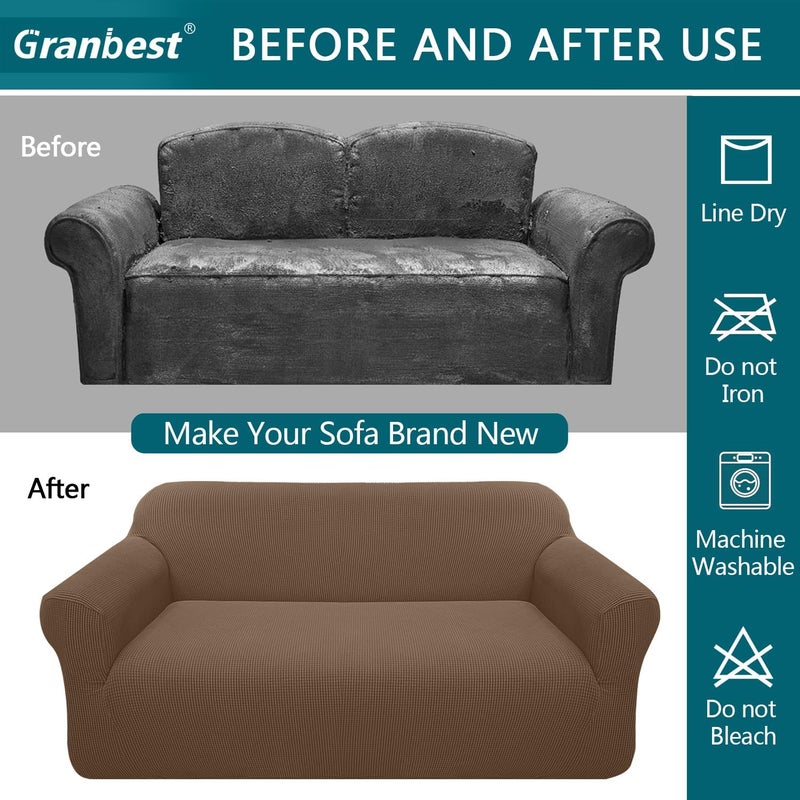 Granbest High Stretch Sofa Covers Universal Super Soft Loveseat Couch Jacquard Covers for Dogs Non Slip Furniture Protector Machine Washable (2 Seater, Brown) - Image 5