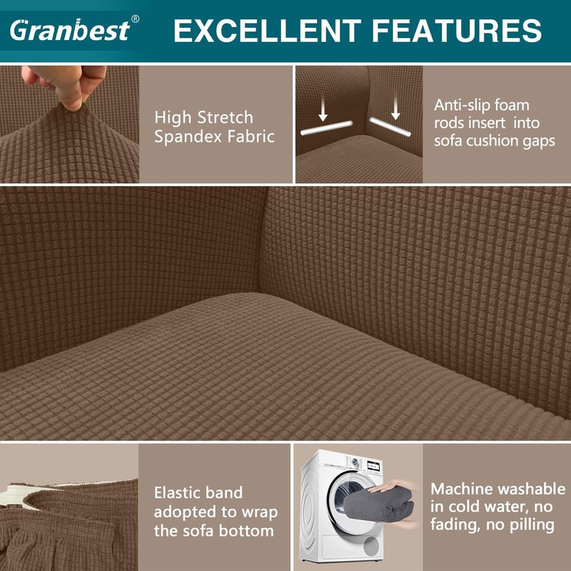 Granbest High Stretch Sofa Covers Universal Super Soft Loveseat Couch Jacquard Covers for Dogs Non Slip Furniture Protector Machine Washable (2 Seater, Brown) - Image 3