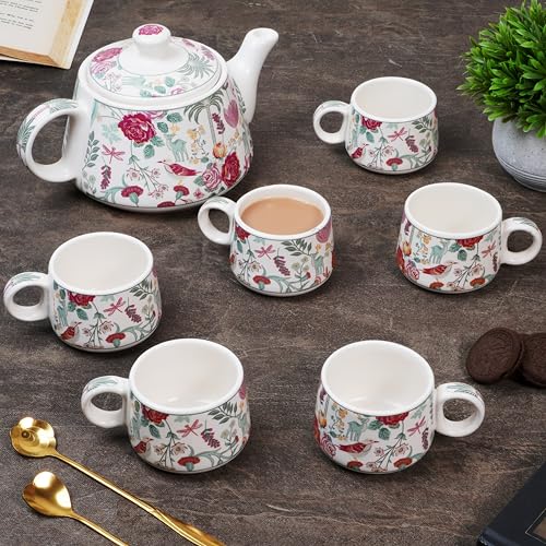 CRAF10 Ceramic Blossom Breeze Tea Morning Set - 1 Kettle (1 Litre) & 6 Cups (160 ML) | Microwave & Dishwasher Safe | Teapot | Tea Sets with Kettle for Gifting - Image 4