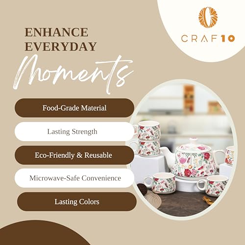 CRAF10 Ceramic Blossom Breeze Tea Morning Set - 1 Kettle (1 Litre) & 6 Cups (160 ML) | Microwave & Dishwasher Safe | Teapot | Tea Sets with Kettle for Gifting - Image 5