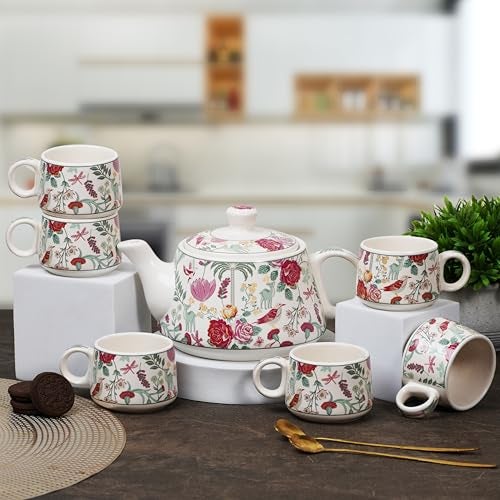 CRAF10 Ceramic Blossom Breeze Tea Morning Set - 1 Kettle (1 Litre) & 6 Cups (160 ML) | Microwave & Dishwasher Safe | Teapot | Tea Sets with Kettle for Gifting - Image 1