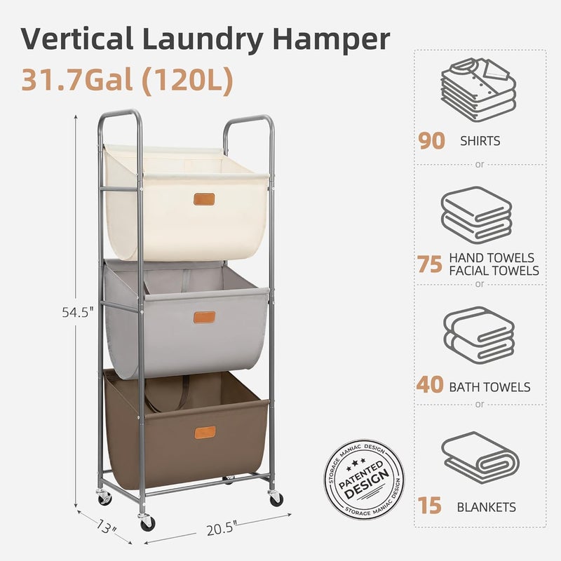 STORAGE MANIAC 120 Liters Vertical Rolling Laundry Hamper, 3 Section Laundry Sorter with Wheels and 2 Breaks, 3-tier Laundry Baskets for Small Space, Dorm, Laundry Room, Closet, Multicolored 3-tier - Image 3