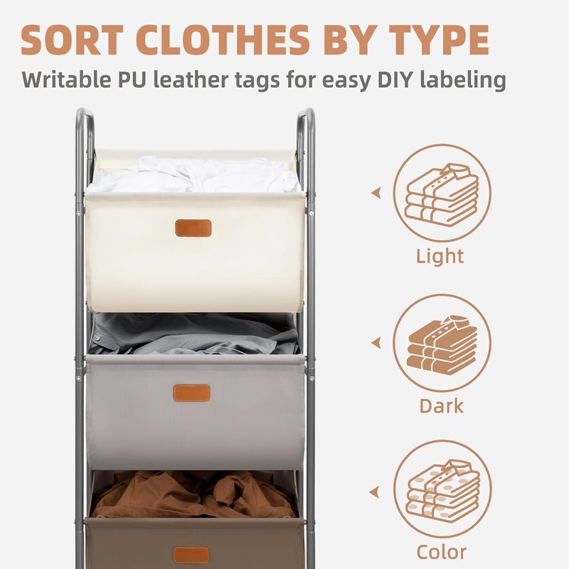 STORAGE MANIAC 120 Liters Vertical Rolling Laundry Hamper, 3 Section Laundry Sorter with Wheels and 2 Breaks, 3-tier Laundry Baskets for Small Space, Dorm, Laundry Room, Closet, Multicolored 3-tier - Image 2