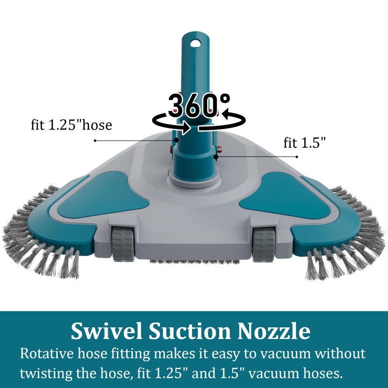 POOLWHALE Upgrade Pro Weighted Triangular Pool Rotative Vacuum Head with Brush & EZ Clip Handle - for Cleaning Surface Safe on Vinyl Lined Pools - Image 3