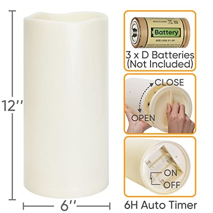 Homemory 6" x 12" Extra Large Outdoor Waterproof Candle with Auto 6-Hour Timer, Ivory Plastic Made, Long Last for Half A Year - Image 3