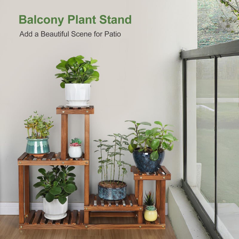 COOGOU Pine Wood Plant Stand Indoor Outdoor Multi Layer Flower Shelf Rack Higher and Lower Plant Holder in Garden Balcony Patio Living Room (4 Tiers ) - Image 5