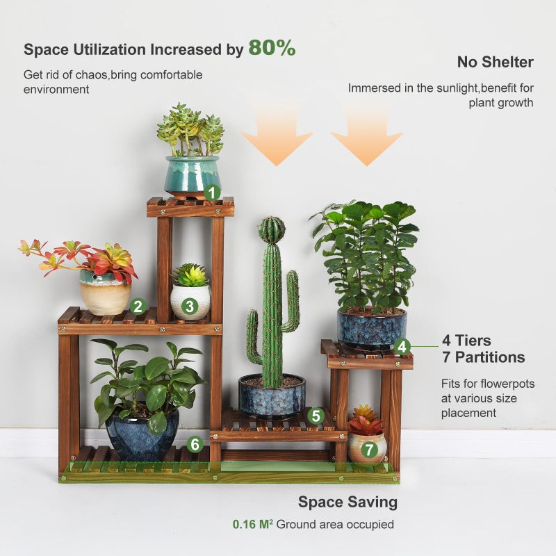 COOGOU Pine Wood Plant Stand Indoor Outdoor Multi Layer Flower Shelf Rack Higher and Lower Plant Holder in Garden Balcony Patio Living Room (4 Tiers ) - Image 3