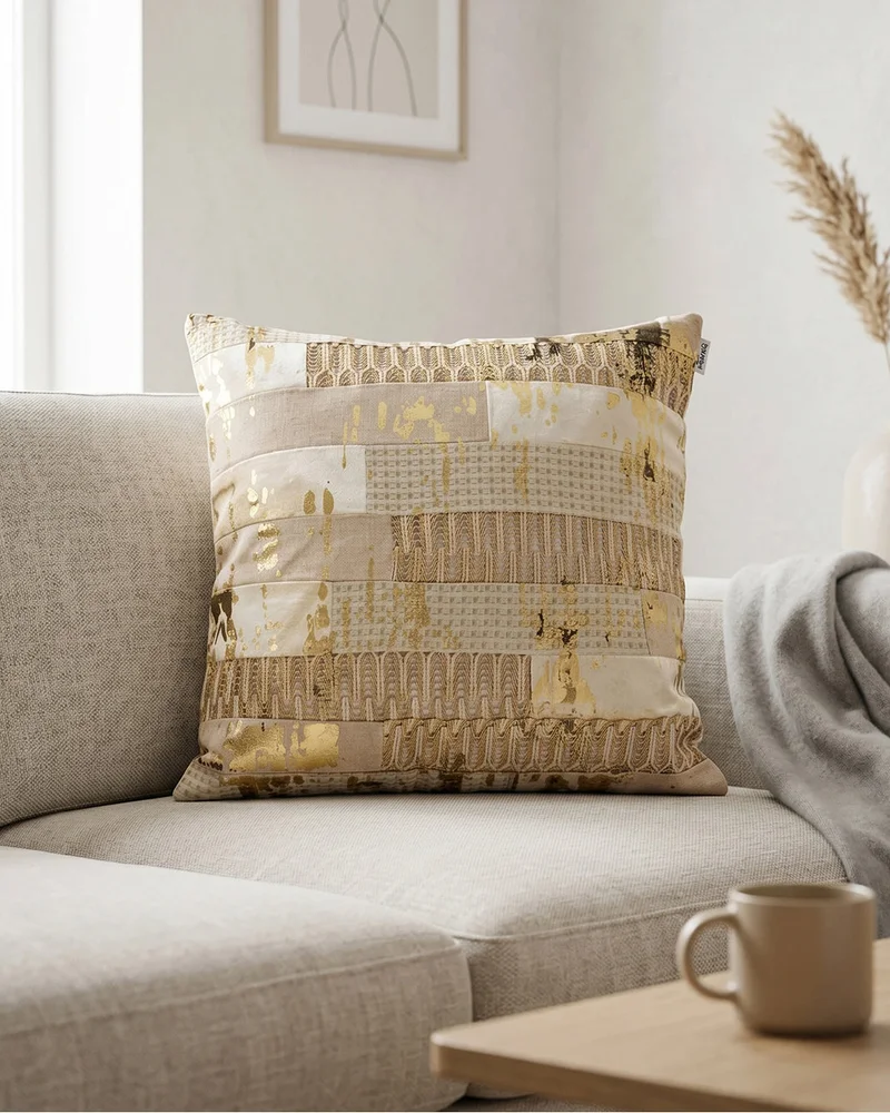 REDTAG Beige Abstract Foil Print Cushion