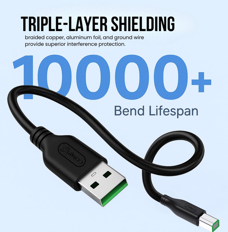 كومبيكس كابل طابعة COMPIX USB 2.0 بطول 5 أمتار (من A إلى B)، عالي السرعة 480 ميجابت في الثانية، مطلي بالفضة ومُضفر ثلاثي الحماية، متوافق مع طابعات HP DeskJet، وأجهزة الكمبيوتر المحمولة، وطابعات Canon، وBrother، وLexmark، وEnvy، والماسحات الضوئية، وأجهزة الفاكس، والبيانو الرقمي، وأجهزة الكمبيوتر الشخصية. - Image 3
