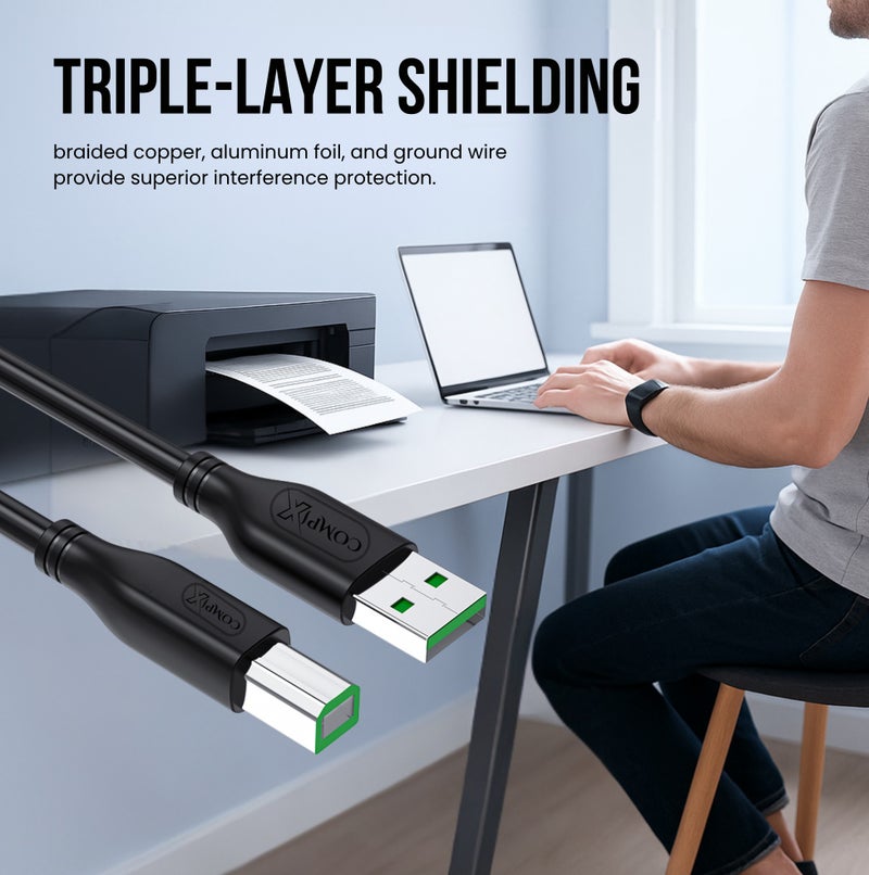 كومبيكس كابل طابعة COMPIX USB 2.0 بطول 5 أمتار (من A إلى B)، عالي السرعة 480 ميجابت في الثانية، مطلي بالفضة ومُضفر ثلاثي الحماية، متوافق مع طابعات HP DeskJet، وأجهزة الكمبيوتر المحمولة، وطابعات Canon، وBrother، وLexmark، وEnvy، والماسحات الضوئية، وأجهزة الفاكس، والبيانو الرقمي، وأجهزة الكمبيوتر الشخصية. - Image 4