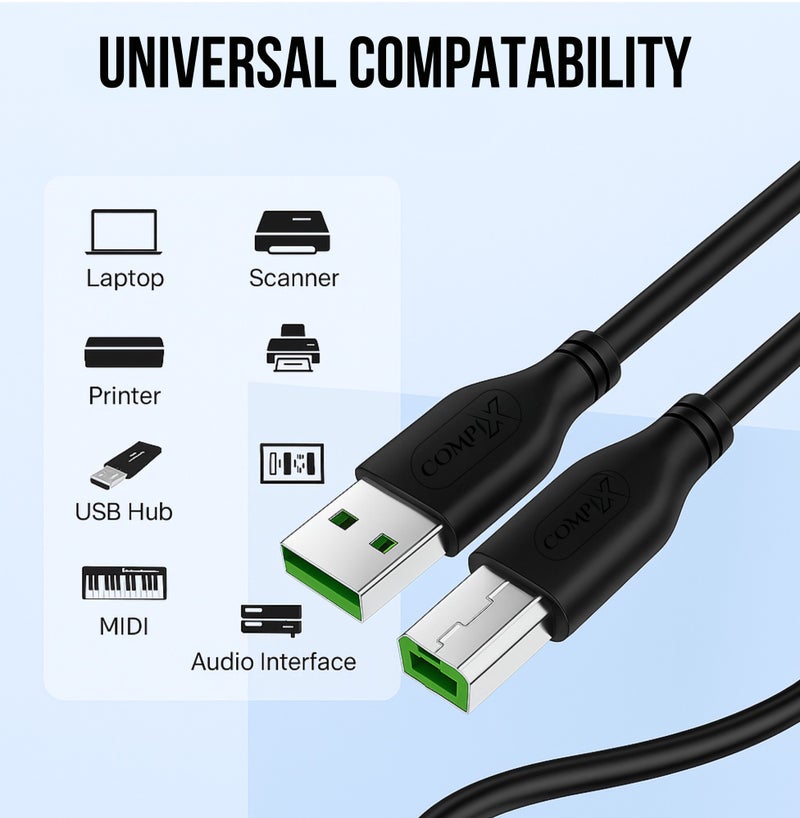 كومبيكس كابل طابعة COMPIX USB 2.0 بطول 5 أمتار (من A إلى B)، عالي السرعة 480 ميجابت في الثانية، مطلي بالفضة ومُضفر ثلاثي الحماية، متوافق مع طابعات HP DeskJet، وأجهزة الكمبيوتر المحمولة، وطابعات Canon، وBrother، وLexmark، وEnvy، والماسحات الضوئية، وأجهزة الفاكس، والبيانو الرقمي، وأجهزة الكمبيوتر الشخصية. - Image 5
