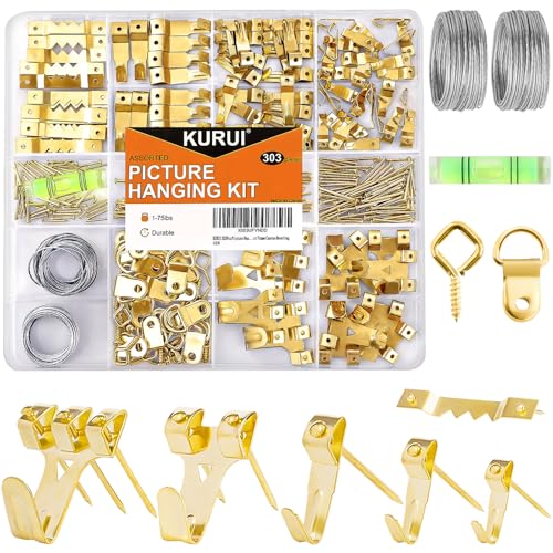 KURUI 303Pcs Picture Hanging Kit, Picture Hangers Assorted Kit with Heavy Duty Picture Hanging Hooks/Hardware Nails/Sawtooth/Wire/D Rings/Level, Metal Picture Wall Hooks for Frame Canvas Mounting - Image 1