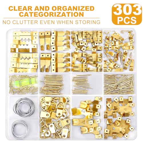 KURUI 303Pcs Picture Hanging Kit, Picture Hangers Assorted Kit with Heavy Duty Picture Hanging Hooks/Hardware Nails/Sawtooth/Wire/D Rings/Level, Metal Picture Wall Hooks for Frame Canvas Mounting - Image 2