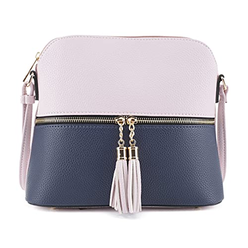 SG SUGU Lunar Lightweight Medium Dome Crossbody Bag Shoulder Bag with Double Tassels | Zipper Pocket | Adjustable Strap|Blush/Navy 1 - Image 1