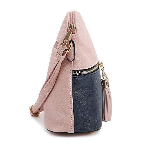 SG SUGU Lunar Lightweight Medium Dome Crossbody Bag Shoulder Bag with Double Tassels | Zipper Pocket | Adjustable Strap|Blush/Navy 1 - Image 3