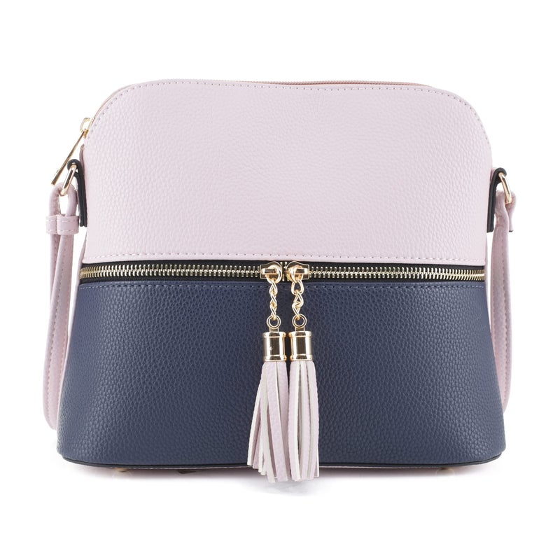 SG SUGU Lunar Lightweight Medium Dome Crossbody Bag Shoulder Bag with Double Tassels | Zipper Pocket | Adjustable Strap|Blush/Navy 1 - Image 4