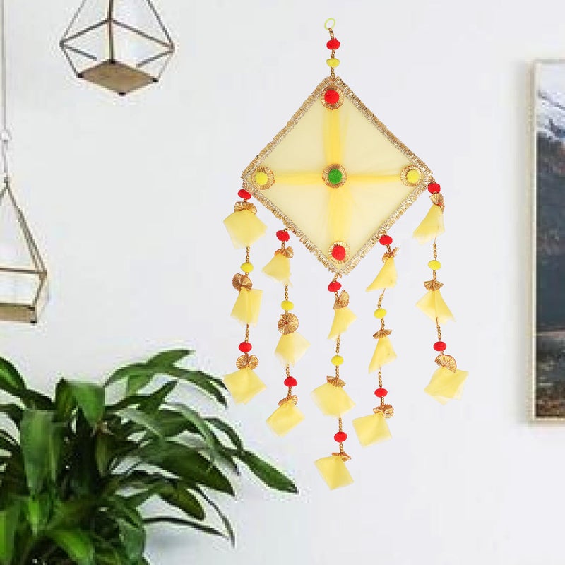 ProKart Premium Tissue Net Fabric Handmade Colorful Pom Pom Kite Hanging Decoration for Wall/Door Hanging Home Décor, Office, Door, Window, Haldi, Mehndi, Festival Decoration Items (Yellow) - Image 2
