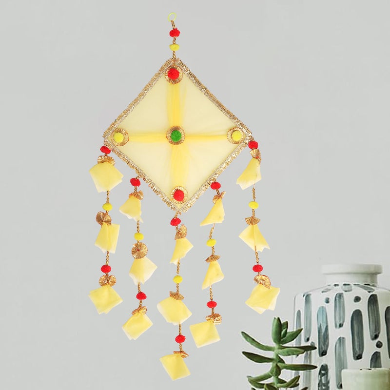 ProKart Premium Tissue Net Fabric Handmade Colorful Pom Pom Kite Hanging Decoration for Wall/Door Hanging Home Décor, Office, Door, Window, Haldi, Mehndi, Festival Decoration Items (Yellow) - Image 1
