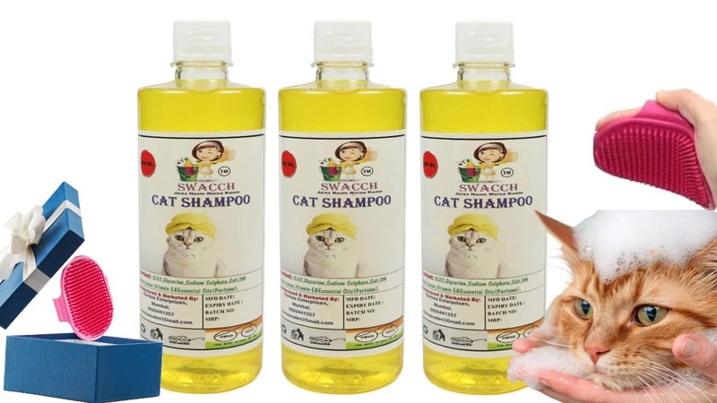 Swacch Cat Shampoo -500ml (Pack of 3) (Lemon) + Bath Brush with Adjustable Straps Combo Pack - Image 1